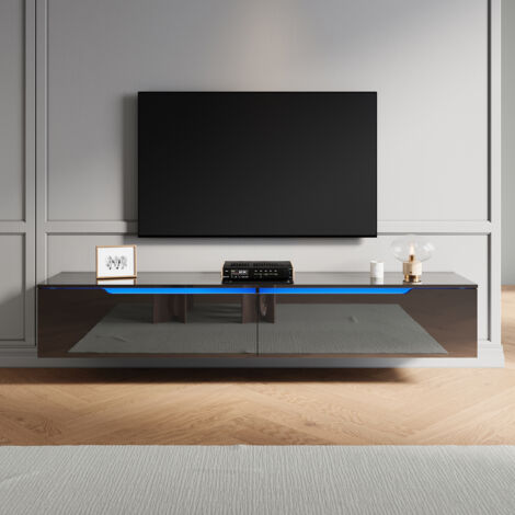 ELEGANT TV Stand Modern High Gloss with LED Light and Separate Storage Compartment, Handle-Free Design, Wall-Mounted/Floor Standing, Black, 1800x350x300mm