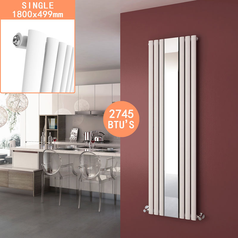 Vertical Column Bathroom Radiator 1800 x 499 mm Oval Single Panel Designer Heater White Mirror Radiator - Elegant