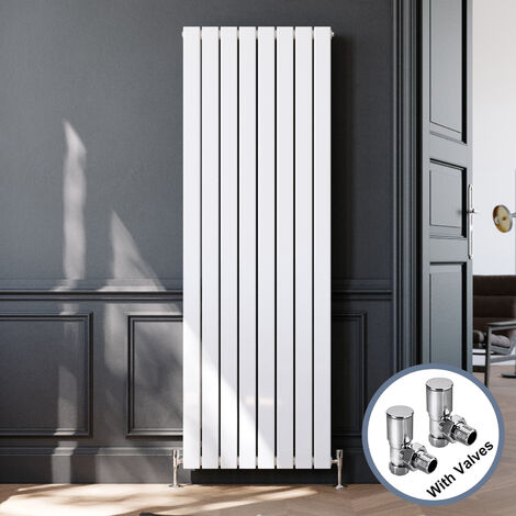 ELEGANT Vertical Flat Column Designer Radiator Wall/Floor Mounted Central Heating Rad 1800x608mm White Flat Double Panel Radiator + Modern Angled Radiator Valve