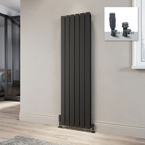 ELEGANT Vertical Radiator Anthracite Double Flat Panel 1600 x 452 mm Designer Vertical Radiators with Angled Radiator Valves