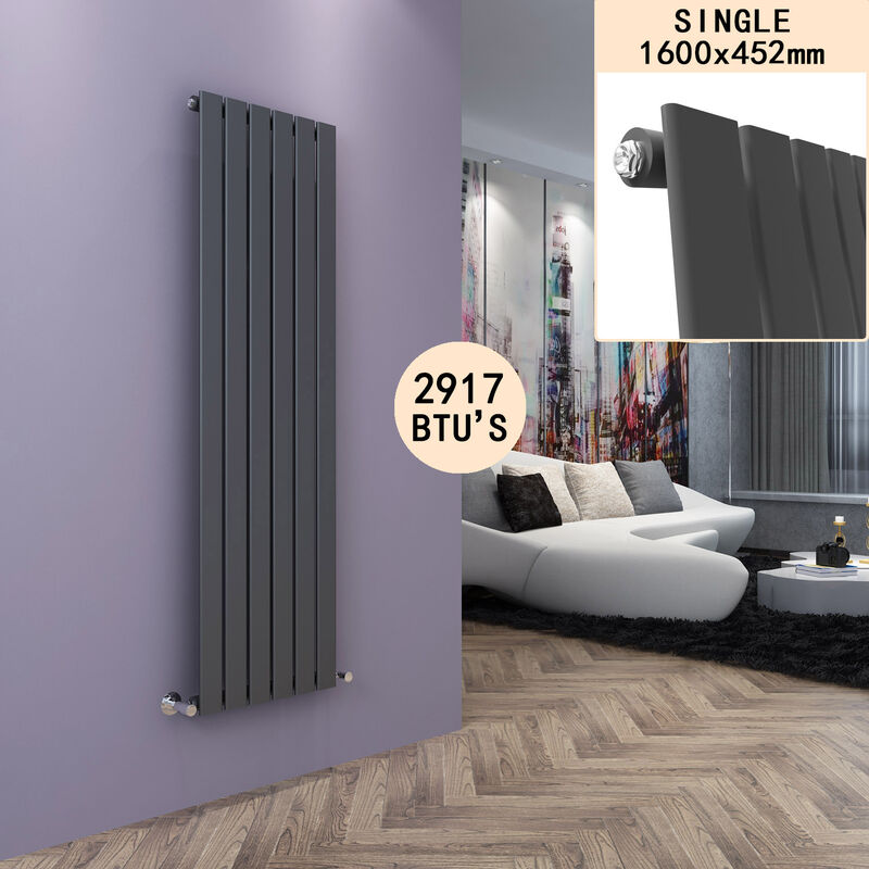 ELEGANT Vertical Radiator Anthracite Single Flat Panel 1600 x 452 mm Designer Vertical Radiators with Angled Radiator Valves