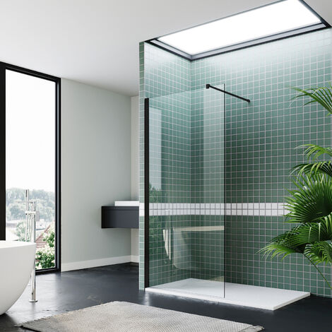 main image of "ELEGANT Walk In Shower Enclosure 760mm Black Wet Room Frameless Shower Screen 8mm Nano Glass Shower Door"