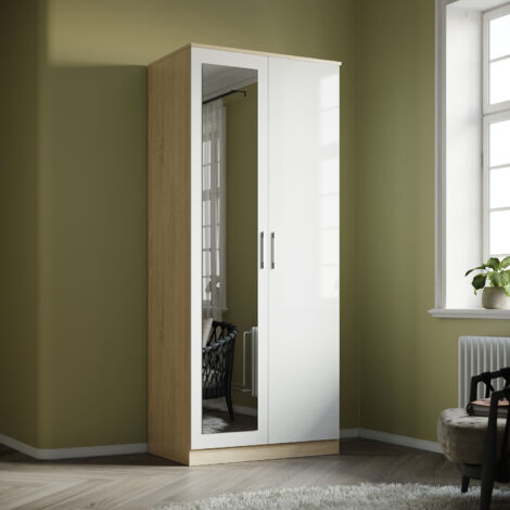 ELEGANT Wardrobe Storage 2 Doors High Gloss with Mirror Include Metal Handles and Removable Hanging Rod, Beige + White