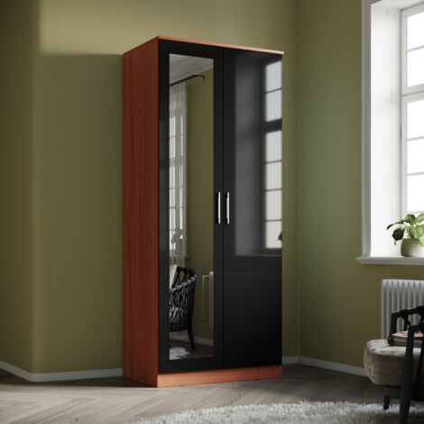 ELEGANT Wardrobe Storage 2 Doors High Gloss with Mirror Include Metal Handles and Removable Hanging Rod, Brown + Black