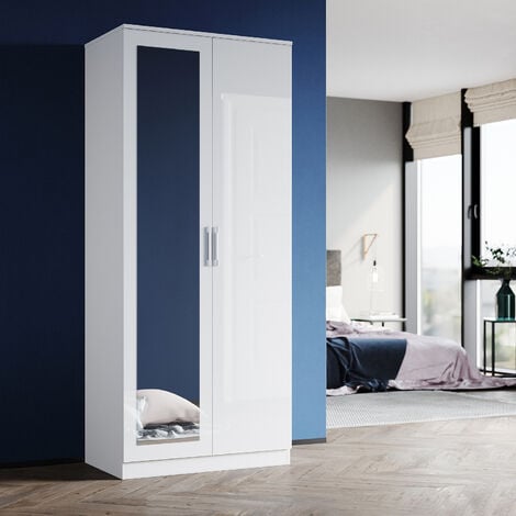 ELEGANT Wardrobe Storage 2 Doors High Gloss with Mirror Include Metal Handles and Removable Hanging Rod, White