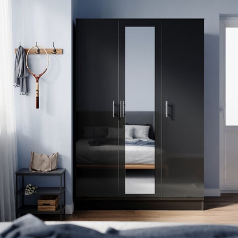 ELEGANT Wardrobe Triple Door Black High Gloss Bedroom Closet Storage Furniture with Mirror and Shelves Metal Handles Hanging Rail 1200 x 500 x 1800 mm