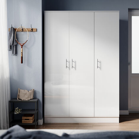 ELEGANT Wardrobe Triple Door White High Gloss Bedroom Closet Storage Furniture with Shelves, Metal Handles, Hanging Rail, 1200 x 500 x 1800 mm