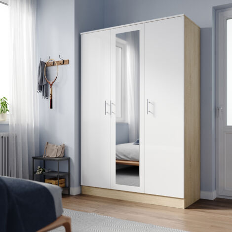 ELEGANT Wardrobe Triple Door with White Oak High Gloss Bedroom Closet Storage Furniture with Mirror and Multiple Shelves 1200 x 500 x 1800 mm
