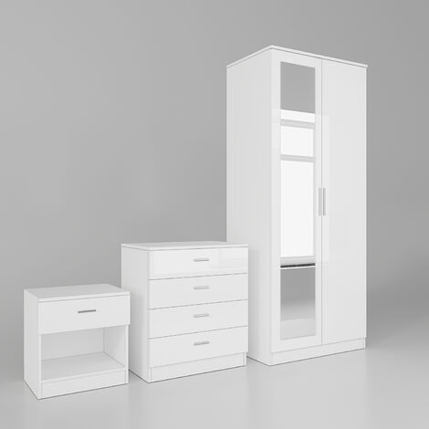 ELEGANT Wardrobe White Storage Furniture High Gloss 2 Doors Wardrobe with 4 Drawer Chest and Bedside Cabinet