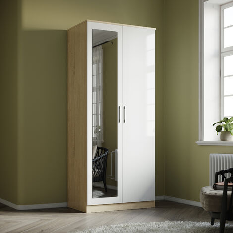 ELEGANT Wardrobe with Mirror Bedroom Furniture High Gloss Finish White/Oak Mordern Design Soft Close 2 Door Includes Removable Hanging Rod and Storage Shelves