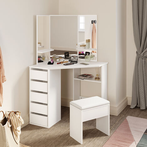 ELEGANT White Dressing Table Makeup Desk, 3 Mirrors 5 Drawers Makeup Desk with Stool Bedroom Vanity Set, 540 x 1110mm