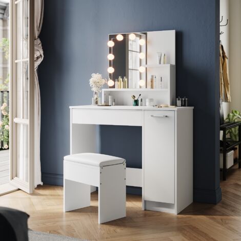 Elegant White Dressing Table with HD Mirror, Drawer Storage Cabinet, Bedroom Vanity, Dresser Set with Stool + 3-color LED Light