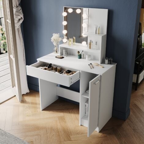 Elegant White Dressing Table with HD Mirror, Drawer Storage Cabinet, Bedroom Vanity, Dresser Single Table + 3-color LED Light