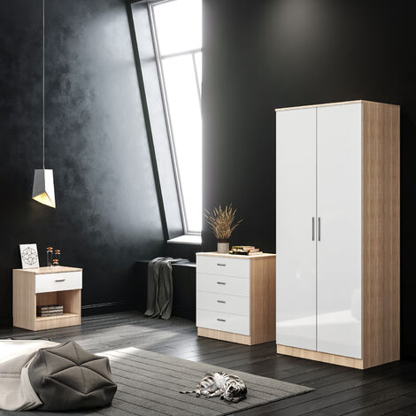 ELEGANT White/Oak Modern High Gloss Wardrobe and Cabinet Furniture Set Bedroom 2 Doors Wardrobe and 4 Drawer Chest and Bedside Cabinet