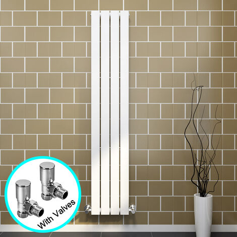 ELEGANT White Steel Radiator 1600x304mm Vertical Flat Panel + Angled Radiator Valves