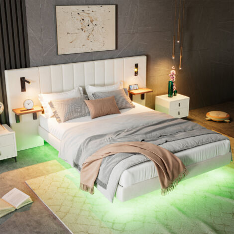 Elegant White Velvet Double Bed with Headboard Storage, Bedside Lamps & LED Lighting - 150x200cm