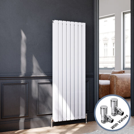 ELEGANT White Vertical Column Radiator Designer Flat Panel Double Central Heating 1600x608mm with Angled Radiator Valves