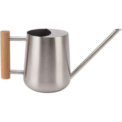 Elegante 900-ml-Gießkanne aus Edelstahl mit langem Ausguss und Holzgriff für den Garten, silberne Gießkanne