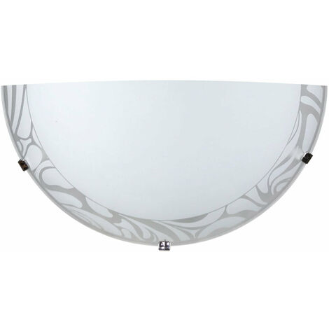 Élégante applique murale chromée avec verre décoré et plaque blanche, équipée de crochets pour l'installation, adaptée pour contenir une ampoule E27.