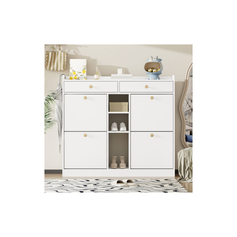 Élégante armoire à chaussures blanche avec 4 portes, 2 tiroirs, 3 compartiments ouverts, idéale pour les couloirs modernes et les zones d'entrée,