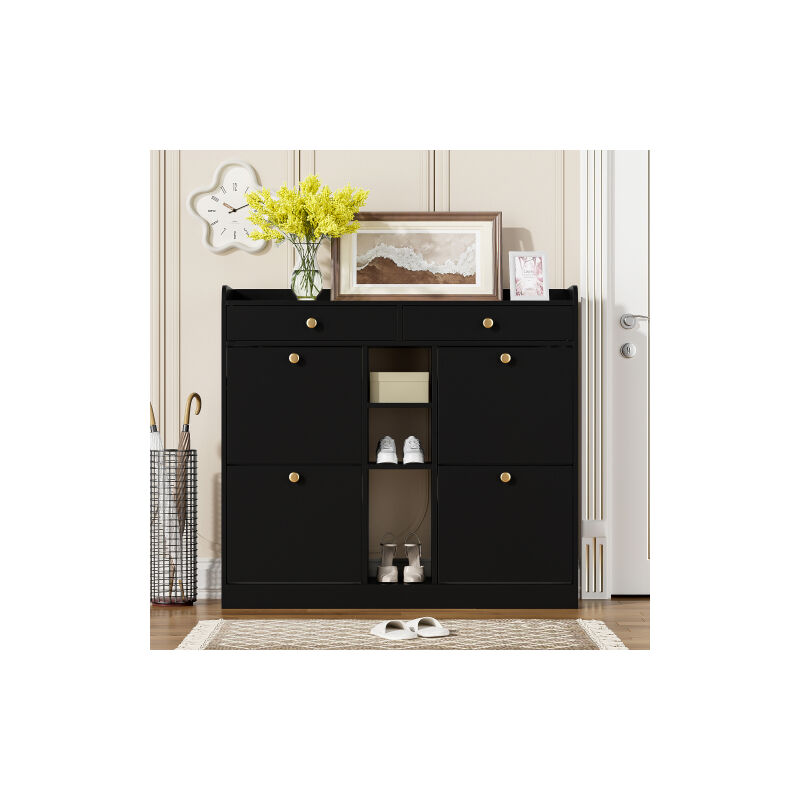 Élégante armoire à chaussures noire avec 4 portes, 2 tiroirs, 3 compartiments ouverts, idéale pour les couloirs modernes et les zones d'entrée,