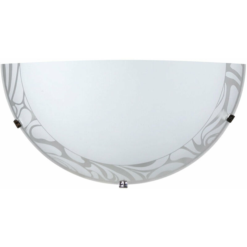 Elegante Chrom-Wandleuchte mit dekoriertem Glas und weißer Platte, ausgestattet mit Haken zur Montage, geeignet für die Aufnahme einer E27-Glühbirne.