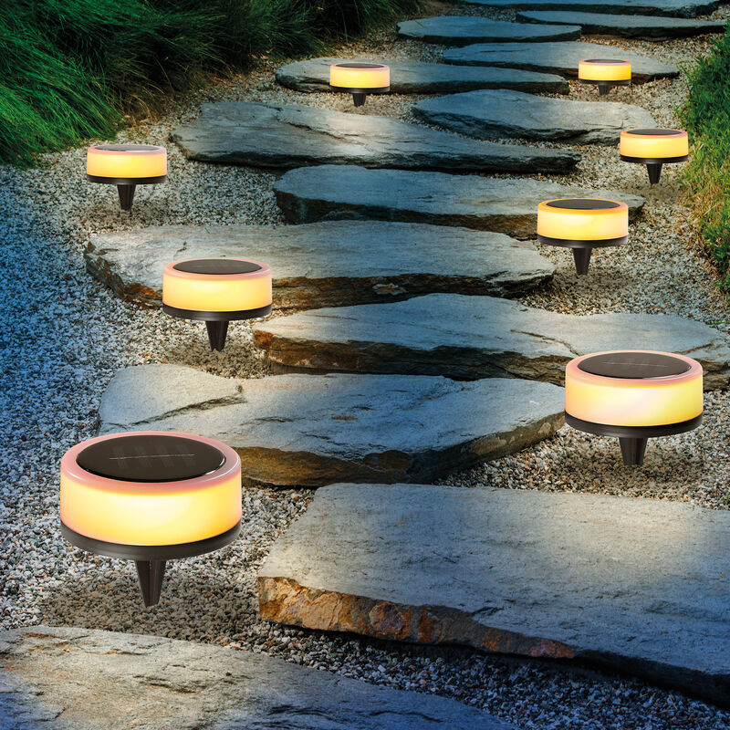 

Elegante conjunto de 8 luminarias solares decorativas LED RGB de luz blanca cálida para jardín esotec 102090