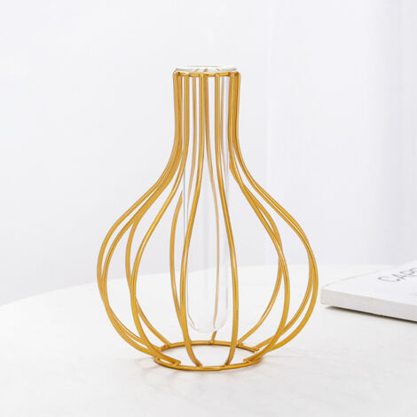 Elegante jarrón hidropónico de hierro con tubo de cristal de 12x16 cm, negro o dorado, para rosas, bambú y plantas artificiales (un jarrón).