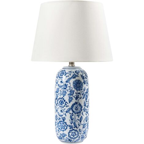 Elegante lampada da tavolo con base in porcellana e paralume in lino chiaro con motivo floreale Blu e bianco Aibonito
