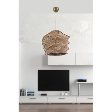 Elegante lampadario in legno color cammello, alto 65 cm. Certificato CE, attacco E27.