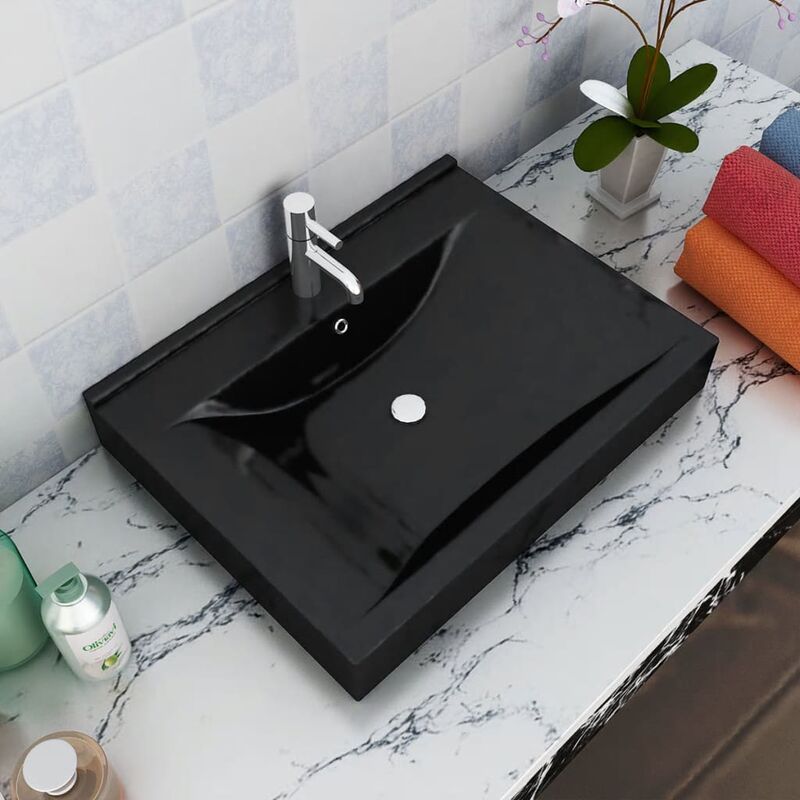 

Elegante lavabo rectangular de ceramica negro agujero para grifo
