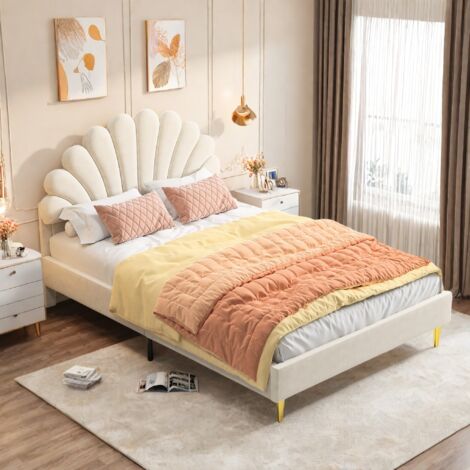 Elegante letto imbottito 140 x 200 cm, letto per adulti con rete a doghe, letto matrimoniale con testiera a forma di fiore, tessuto in velluto, colore beige o rosso vino, senza materasso