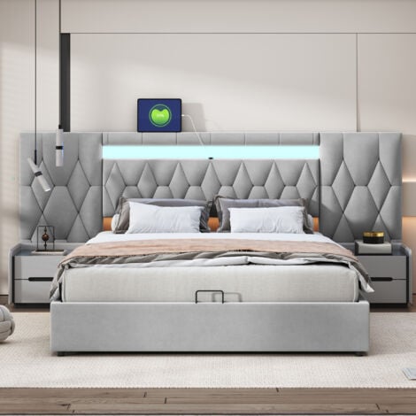 REDOM Elegante letto imbottito 160x200 con ampio schienale, letto in velluto con led e presa USB, sistema di stoccaggio idraulico, letto classico grigio