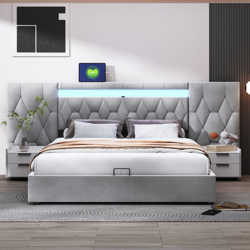 Elegante letto imbottito 180x200 con ampio schienale, letto in velluto con led e presa USB, sistema di stoccaggio idraulico, letto classico grigio