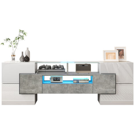 Elegante mobile TV, mobile basso. bianco lucido, 145 cm, illuminazione LED, mobili soggiorno. design moderno. elegante superficie in vetro.