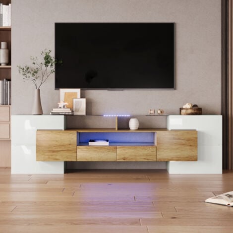 Elegante mobile TV, mobile basso, bianco lucido, 200 cm, illuminazione a LED, mobile da soggiorno. design moderno. elegante superficie in vetro naturale OKWISH
