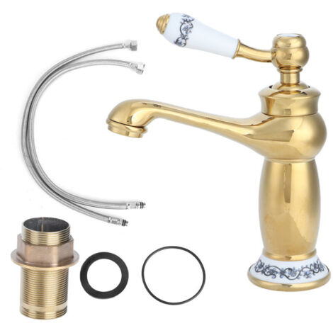 Elegante rubinetto per lavabo da bagno in ottone anticato placcato oro, con miscelatore per acqua calda e fredda, ideale per bagni domestici e alberghi.