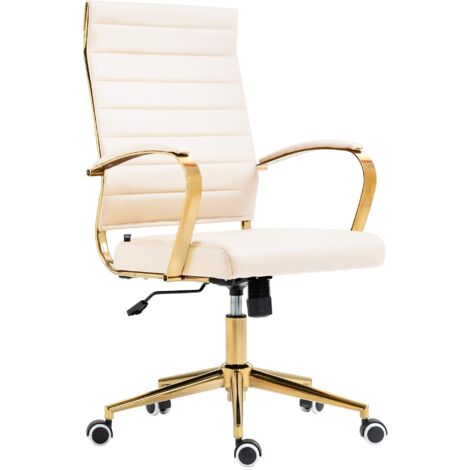 Elegante silla de oficina de diseño con respaldo ergonómico en símil piel color crema, estructura de metal dorado BUR10711