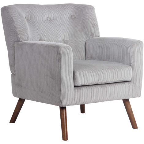 Elegante sillón de pana gris con respaldo capitoné y patas de madera 100008228