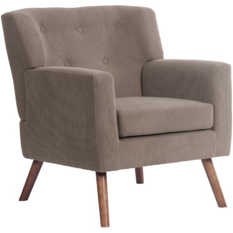 Elegante sillón de pana marrón oscuro con respaldo capitoné y patas de madera 100008243