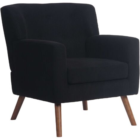 Elegante sillón de pana negra con respaldo capitoné y patas de madera 100008237