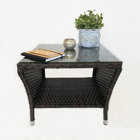 Eleganter Polyrattan Beistelltisch mit Tischglasplatte und Ablagefläche, 50x50cm - Braun - Gartentisch Teetisch