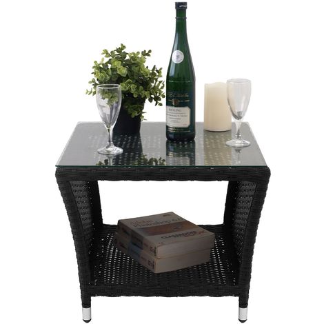Eleganter Polyrattan Beistelltisch mit Tischglasplatte und Ablagefläche, 50x50cm - Schwarz - Gartentisch Teetisch Gartenmöbel Rattanmöbel