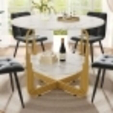 Eleganter runder Tisch (80 x 80 x 76 cm) aus MDF mit Marmoroptik und darunterliegendem Staufach in Goldfarbe
