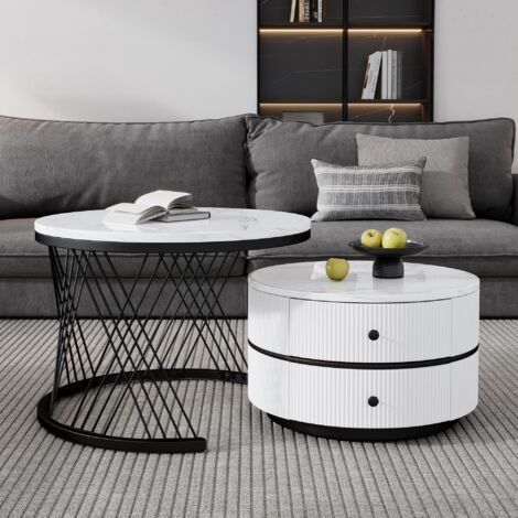 Elegantes 2-teiliges, weißes Couchtisch-Set in Nestform, 606046cm & 505031cm, runde Tische mit hochglänzender Marmoroptik, 2 Schubladen, bis 30kg belastbar,Nesting-Kombination Couchtisch