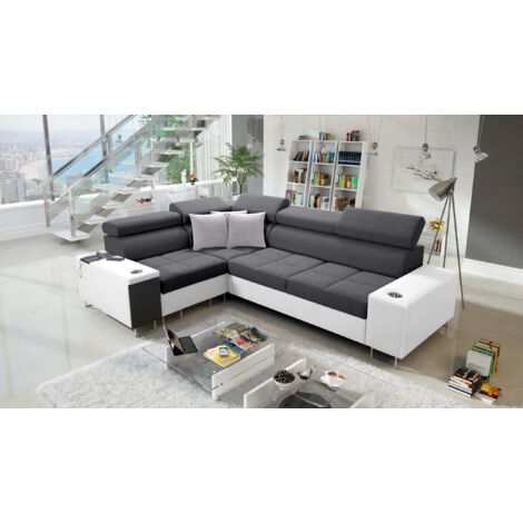 Elegantes Ecksofa mit Konsole und Ladegerät MORENA II Kunstleder/Sawana Weiß/Graphit Links