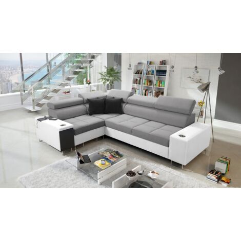 Elegantes Ecksofa mit Konsole und Ladegerät MORENA II Kunstleder/Sawana Weiß/Grau Rechts