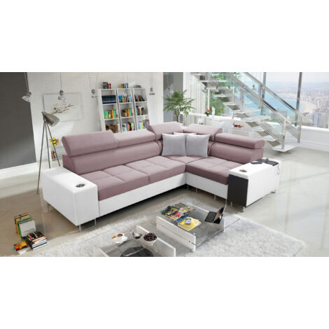 Elegantes Ecksofa mit Konsole und Ladegerät MORENA II Kunstleder/Sawana Weiß/Rosa Rechts