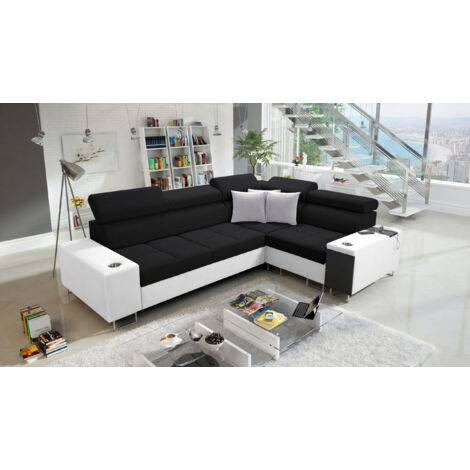 Elegantes Ecksofa mit Konsole und Ladegerät MORENA II Kunstleder/Sawana Weiß/Schwarz Links