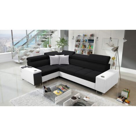 Elegantes Ecksofa mit Konsole und Ladegerät MORENA II Kunstleder/Sawana Weiß/Schwarz Rechts